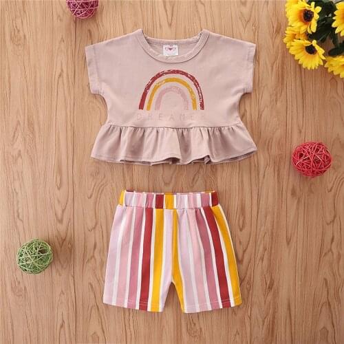 Infant Baby Girls 2Pcs Outwear Clothes Cotton Set Summer Rainbow & Letter Print Short Sleeve Ruffle T-shirt + Striped Shorts