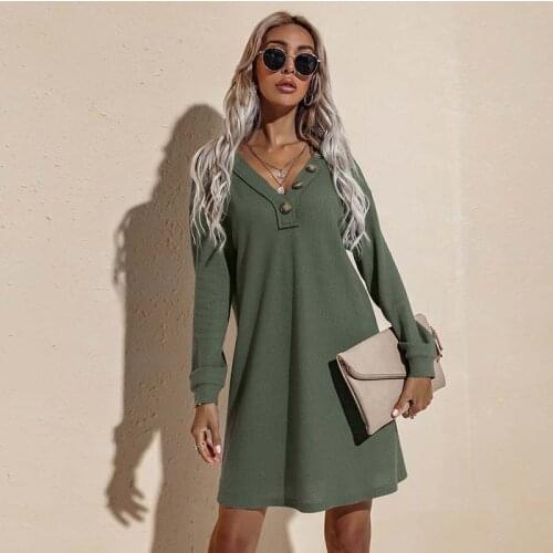 2021 Autumn Knitted Dress Women Loose Sweater Dress Ladies V neck Button Long Sleeve Dress For Women