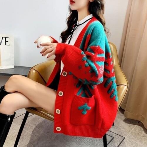 Casual Oversize Print Cardigan Sweater Fashion Thick Warm Korean Knitted Coat Outwear Knitwear for Women 2021 Jersey X294