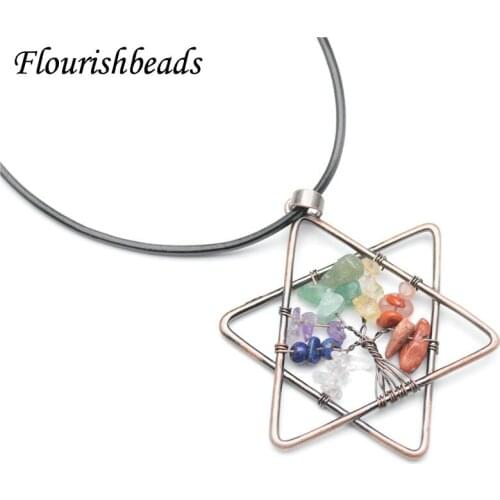 Natural Gemstone Chips Beads Antique Copper Color Wire Wrapped Star Circle Life Tree Chakra Pendant Necklace Party Gift