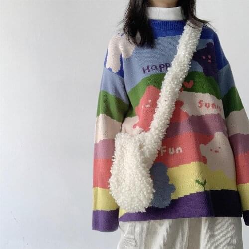 Contrast Color Pullover Sweater Cartoon Letters Sweet Women Knit Tops Casual Long Sleeve O-neck Pull Femme Cotton Polyester