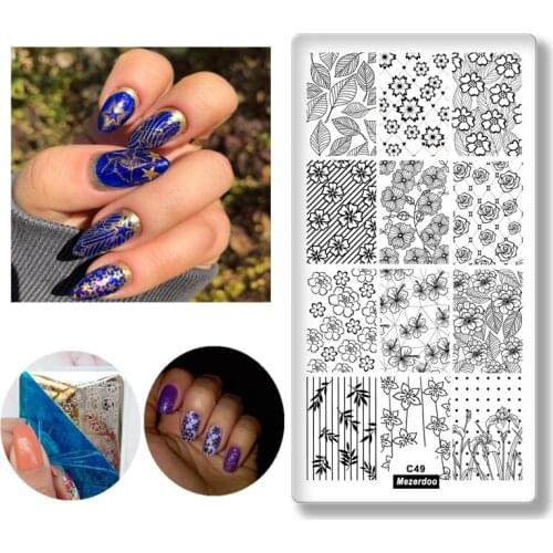 Flower Leaf Theme Rectangle Nail Art Stamp Template Image Plate Lace Grid Dot Pattern Nail Stamping Plate with White Pad C49