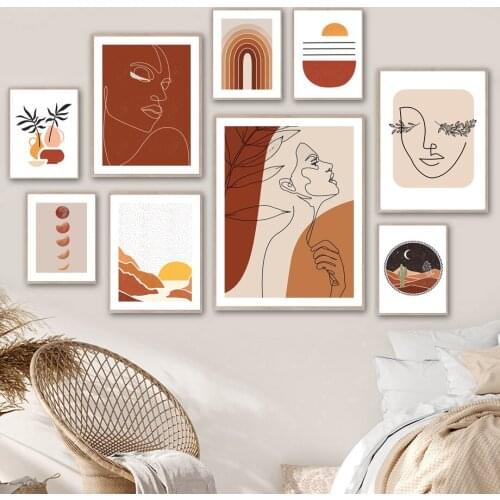 Nordic Posters And Prints Abstract Olive Leaf Girl Sun Moon Shape Wall Art Canvas Painting Wall Pictures For Living Room Decor