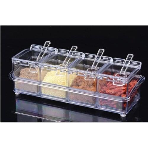 Salt and sugar creative seasoning with spoon box Acrylic Four grid kitchen seasoning box set crystal transparent seasoning jar