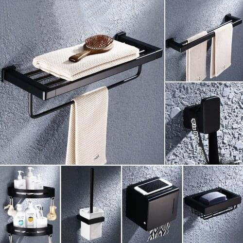 Matte Black Bathroom Hardware Accessory Towel Rack Space Aluminum Wall Mounted Toilet Roll Paper Holder Double Holder Paper Box