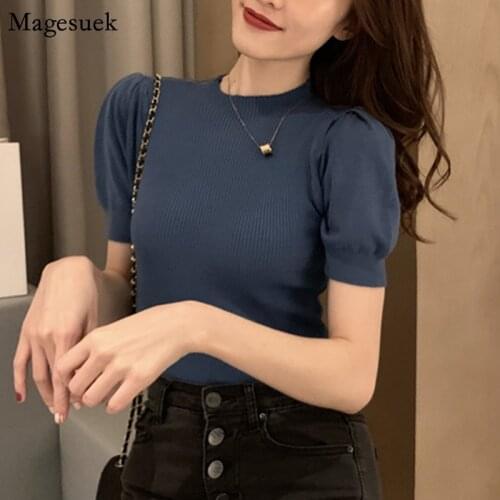 Vintage Solid Short Sleeve T-shirt Women 2021 Summer Knitted White Tee Shirts Stand Collar Loose Casual Cotton Ladies Tops 10375