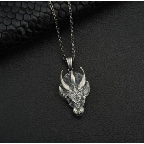 Boho Vintage Silver Color Dragon Pendant Necklace Punk Cool Domineering Rhino Horn Chain Necklaces for Men Viking Charm Jewelry