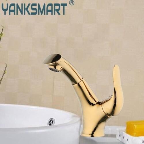 Pull Out Gold Faucet Bathroom Grifo Fregadero Deck Mounted Tap Brass Spray Single Handle Faucets Hot & Cold Mixer Water Taps