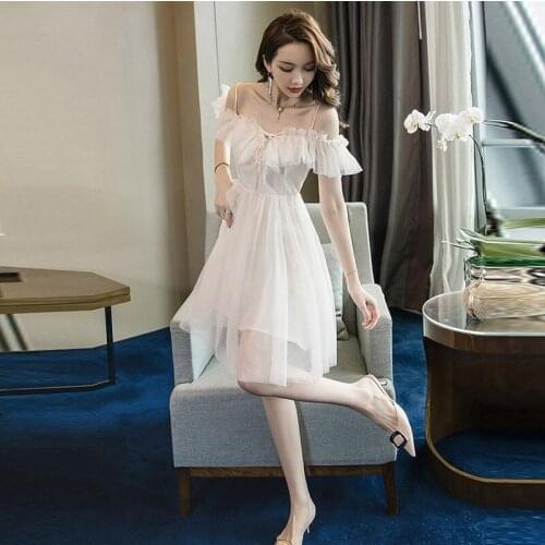 Skirt Fairy Immortal Mori Short-Height Strap Skirt Elegant off-Shoulder Waist Hugging Slimming Mesh Dress sweet loita dress