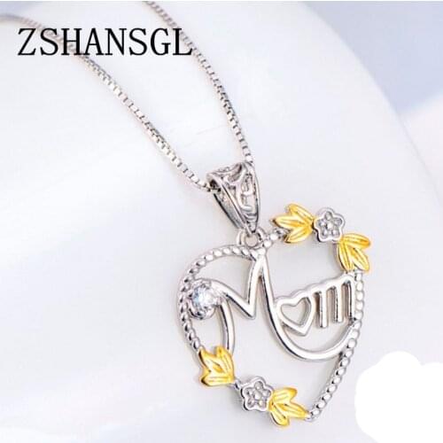 Romantic 925 Sterling Silver Chain Hollow Out MOM Heart Pendant Necklaces for Mothers Day Gift Yellow Flower CZ Fine Jewelry