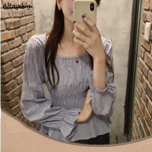 Women Blouse Folds Sweet Purple Spring Fashion Long Sleeve Slim Tender All-match Solid Korean Style Tops Comfort Casual Street