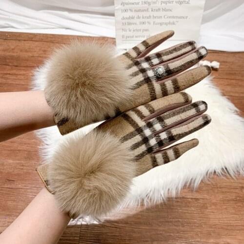 Womens Cashmere Gloves Ladies Touch Screen Furry Fox Fur Ball Plaid Wool Driving Glove Female Mittens S2267
