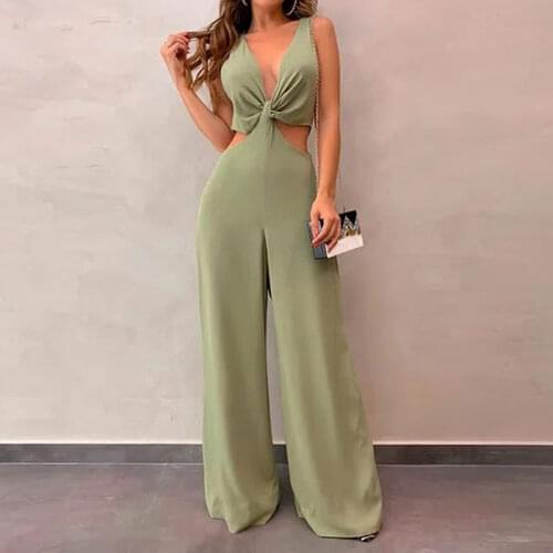 2021 Summer Sexy Rompers Womens Jumpsuit Backless V-Neck Wide Leg Jumpsuits Loose Casual Long Overalls Outfit Green Streetwear