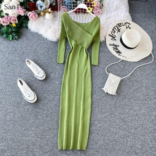 2021 New Autumn Winter Cross V Neck Sweater Dress Women Casual Sheath Knitted Dress Ladies Slim Long Sleeve Long Bodycon Dresses