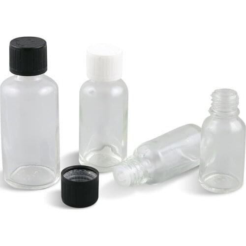 5ml 10ml 15ml 20ml 30ml 50ml 100ml Clear Transparent glass bottle Mini glass essential oil bottle with Childproof Lids 12pcs