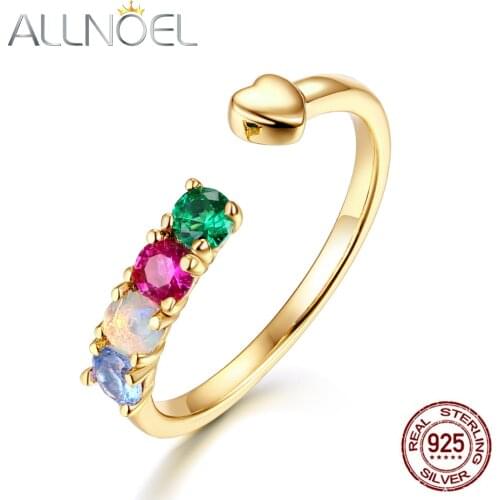 ALLNOEL 925 Sterling Silver Multi Gemstone Cuff Ring For women Natural Opal Ruby Zircon Blue Spinel Heart Wedding Fine Jewelry