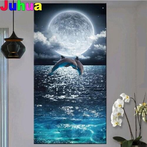 Large 5d diy diamond painting jumping dolphin bright moon over the sea full mosaic square round embroidery rhinestone art JH877