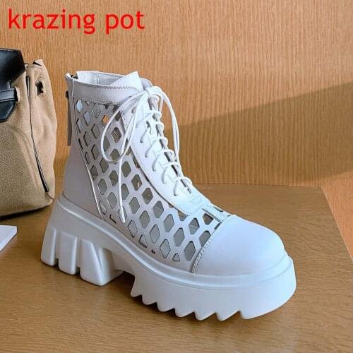 Krazing Pot new large size genuine leather flat platform breathable casual gladiator drop shipping model wear ankle summer boots