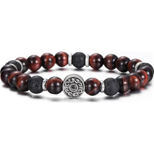 Red Tiger Eye Stone Beaded Bracelet For Men 8mm Black Lava Beaded Stretch Bracelets Round Charm Fashion Jewelry Gifts DB288A