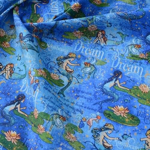 Moonbeams Dream Mermaid Lotus Flower Sailing in the sky 100% Cotton Fabric for Girl Clothes Hometextile Cushion Cover DIY