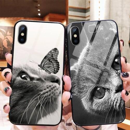 Cute Animal Lovely Pretty Cat Phone Case Tempered glass For iphone 11 12 PRO MAX X XS XR 5C 6 6S 7 8 plus