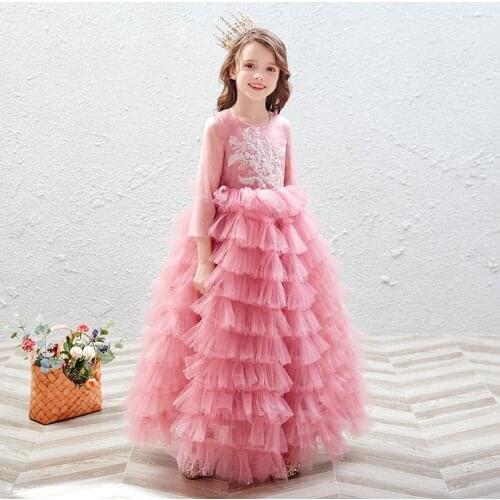 Children Evening Gowns Kids Flower Dresses For Toddler Girls Wedding Birthday Party Tulle Lace Long Frocks Girl Princess Dress