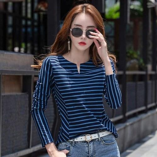 GGRIGHT 2021 Long Sleeve T shirt Women Tshirt Cotton Korean Style Blue V-Neck Stripe T-shirt Women Clothes Tee Shirt Femme