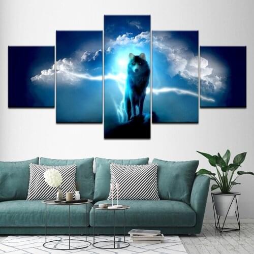 Canvas Painting animal Wolf with Lightning sky 5 Pieces Wall Art Painting Modular Wallpapers Poster Print living room Home Decor