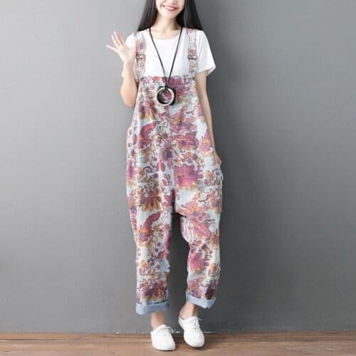 Spring Summer Bib Pants Women Vintage Floral Printed Jumpsuits Holes Washed Denim Womens Overalls
