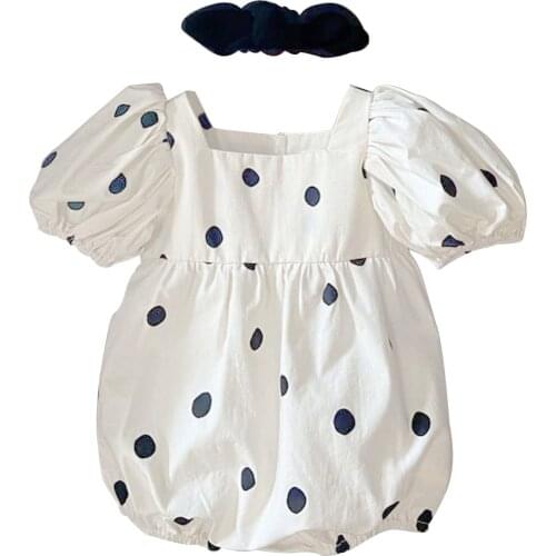 Infant Baby Girls Rompers Headband 2pcs Polka Dot Printed Short Puff Sleeve Jumpsuits