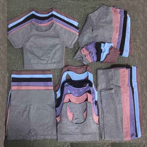 Seamless Women High Waist Pants+Shorts+Bra+T Shirt+Coat Sportswear 5PCS Set Outdoor Running Quick Yoga Clothing Fitness Gym Sets