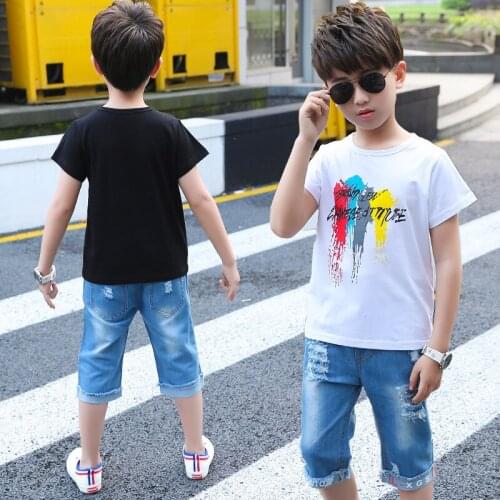 Fashion Summer Boys Clothes Hole Jeans Pants Cotton White/black Tops Short Sleeve Tshirts 2pcs Clothing Set for Kids 6 8 12 14Y