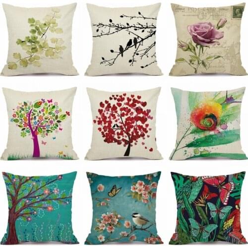 XUNYU Hand Painted Tree Cushion Cover Linen Throw Pillow Cover Car Home Decorative Pillowcase KQ009