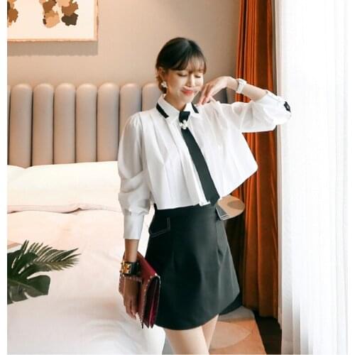 New arrival fashion elegant korean style sets for women summer office lady mini a-line skirt and white shirt cute two piece set