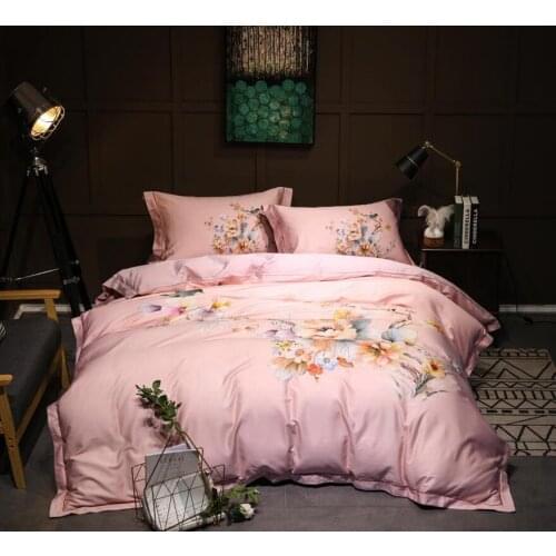 New luxury Tribute silk bedding set queen king size 60S Sanding bed set 4pcs 100% cotton duvet cover bed sheet sets printed pink