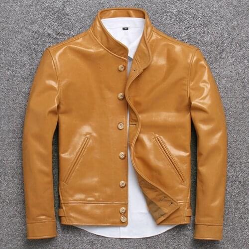 Rare Yellow Light Do Used Head Layer Cowhide Jacket Loose Coat Stand Lead Short Fund Really Leather