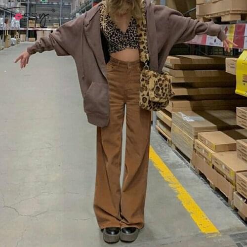 Tossy Spring New Brown Corduroy Pants For Women Harajuku High Waist Trousers Casual Long Straight-Leg Pants Female Streetwear