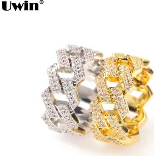 UWIN Fashion Jewelry 10.5mm 2 Rows CZ Cuban Link Rings for Men&Women Iced out Fashion Copper Rings Hip Hop Jewerly Accessories