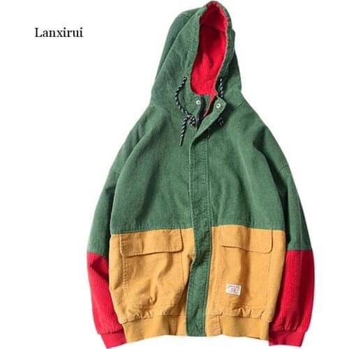 Color Block Patchwork Corduroy Hooded Jackets Men Hip Hop Zipper Up Hoodies Coats Male Casual Streetwear Outerwear