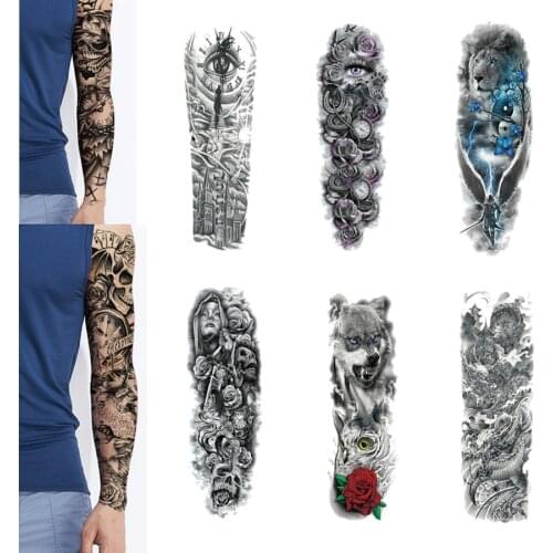 Waterproof Temporary Tatoo Sticker Large Arm Sleeve Tattoo Lion Crown King Rose Wild Wolf Tiger Full Skull Totem for Men women