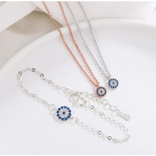 YSH New 100% 925 Sterling Silver Blue CZ Demon Eye Round Necklaces & Bracelet 2020 Women Fashion DIY Jewelry Gifts Free Shipping