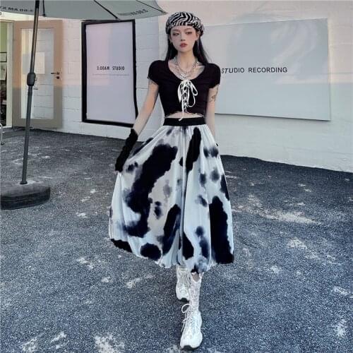 Womens Fashion All-match Ink Printing And Dyeing High Waist Slimming Retro Micro-puff Temperament Mesh Skirt Faldas Largas