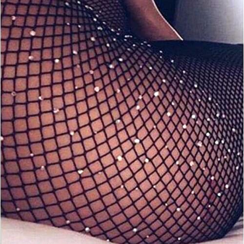 Women High Waist Diamond Fishnet Tights with Crystal Rhinestone Mesh Pantyhose Lady Net Glitter Stockings Sparkle Rave