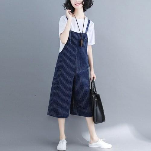 New Women Denim Playsuits Casual Striped Jeans Jumpsuits Pants Female Wide-legged Trousers Calf-Length Overalls Plus Size AB1492