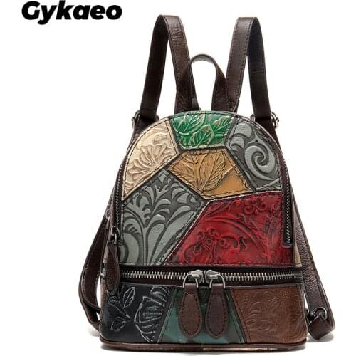 Bohemian Style Genuine Leather Backpacks Women Patchwork Hit Color Small Backpack Ladies Casual Mini Backpacks for Girls Bagpack