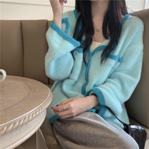 QOERLIN Gentle Contrast Color Mink Knit Cardigan Womens Loose Sweater Coat Soft Pocket Cardigan Jacket Winter Button Up Jersey