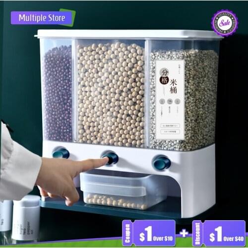 10L Wall-Mounted Kitchen Plastic Sealed Rice Bucket Box Moisture-Proof Barrel Household Grain Storage Tank Organizer Container