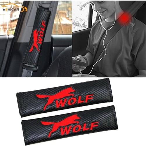 VEHICAR 2PCS Carbon Fiber Car Seat Belt Cover Auto Safety Belt Pad Vehicle Accessories WOLF Logo Knitting
