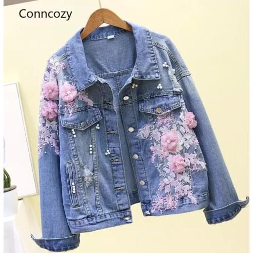 2021 Spring Autumn Jeans Jacket Womens Clothing Korean Embroideried 3D Flowers Hole Cowboy Outerwear Causal Women Demin Coat