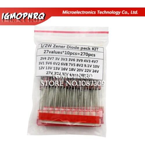 270pcs 0.5W Zener Diode kit Assortment Set 1/2W 2V4-33V Zener Diode pack 12V 18V 5V1 5V6 3V3 3V6 4V3 4V7 6V2 6V8 7V5 20V 22V